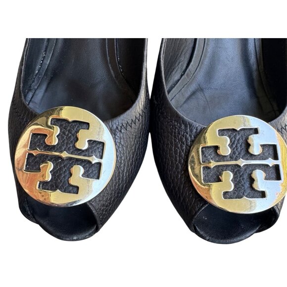 Tory Burch Black Leather Wedge Peep Toe Pumps With Gold Logo Size 10M - Picture 4 of 12